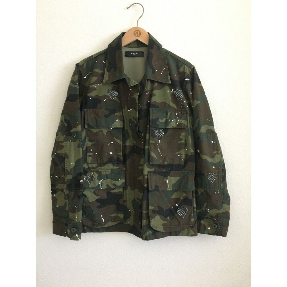 AMIRI Camo Crystal Heart Paint Splatter Field Military Jacket XS Made in USA
